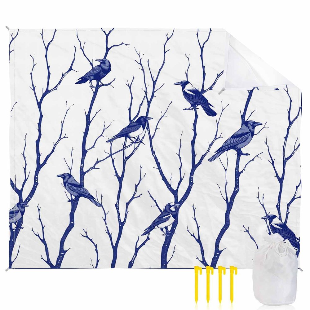 Forest Tree Bird Beach Blanket Large with Stakes Waterproof Sandproof Beach Mat with Corner Pockets for Outdoor Travel Camping Hiking Picnic Essentials,Navy Blue Branch Modern Simple White 83"x79"