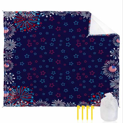 Independence Day Beach Blanket Large with Stakes Waterproof Sandproof Beach Mat with Corner Pockets for Outdoor Travel Camping Hiking Picnic Essentials,Blue Star Freedom Stripes Patriotic Flag 83"x79"