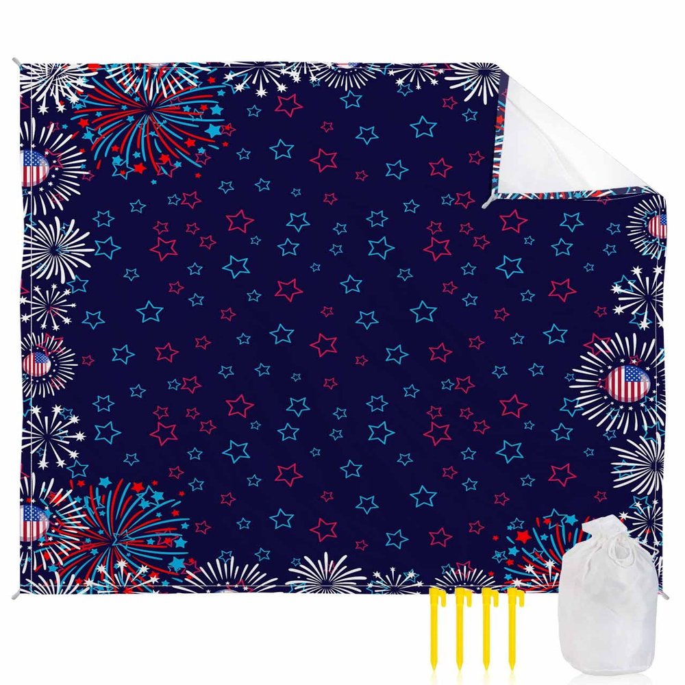 Independence Day Beach Blanket Large with Stakes Waterproof Sandproof Beach Mat with Corner Pockets for Outdoor Travel Camping Hiking Picnic Essentials,Blue Star Freedom Stripes Patriotic Flag 83"x79"