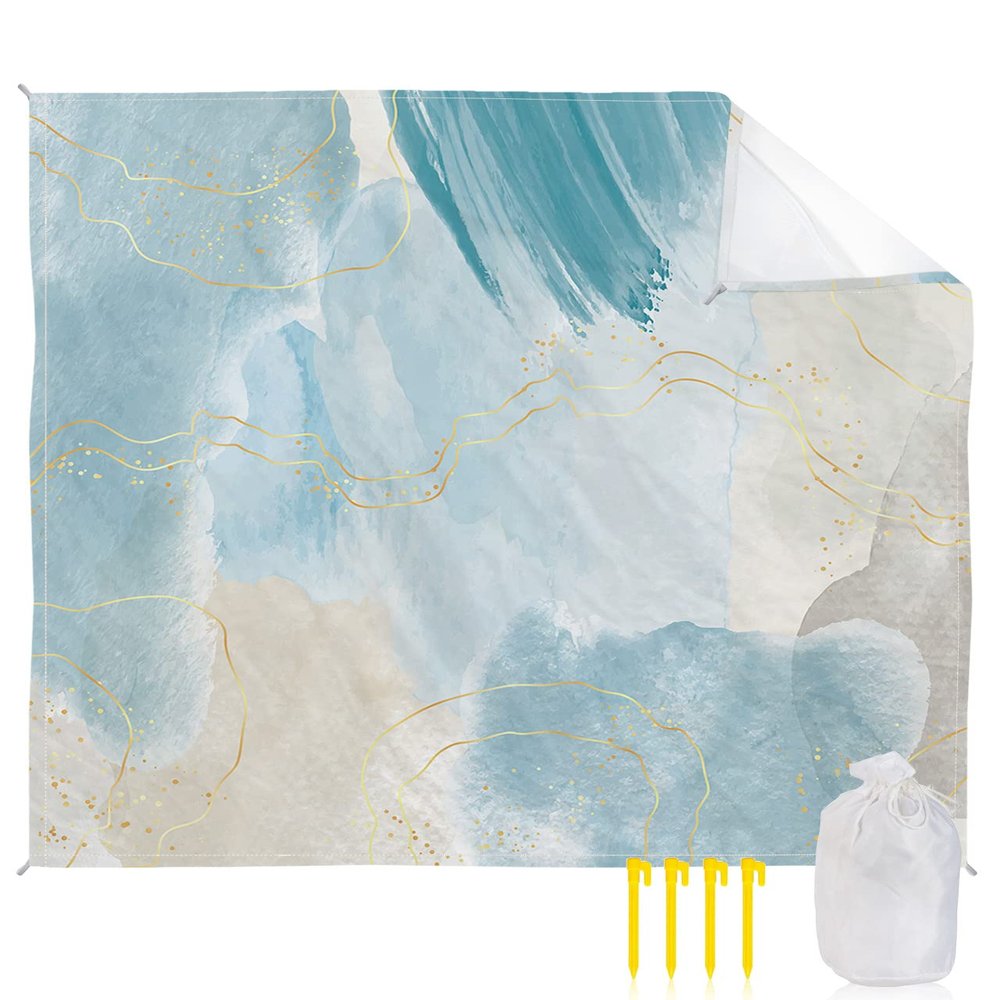 Gradient Marble Beach Blanket Large with Stakes Waterproof Sandproof,Foldable Beach Mat with Corner Pockets for Outdoor Travel Camping Hiking Picnic Essentials,Modern Ombre Teal Turquoise Gold 95"x80"