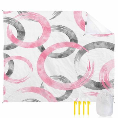 Contemporary Beach Blanket Large with Stakes Waterproof Sandproof Beach Mat with Corner Pockets for Outdoor Travel Camping Hiking Picnic Essentials,Round Pink Grey Circles Minimalist White 83"x79"