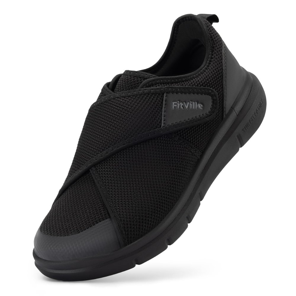 FitVille Diabetic Shoes for Men Extra Wide Width Adjustable Closure Walking Shoes Swollen Feet Shoes for Neuropathy Pain Relief - EasyTop V5 (11 Wide, Jet Black)
