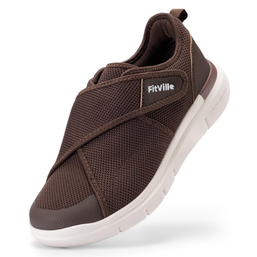 FitVille Men's Diabetic Shoes Extra Wide Adjustable Closure Walking Shoes for Swollen Feet, Neuropathy & All-Day Standing Comfort EasyTop V5 (11.5 X-Wide, Coffee)