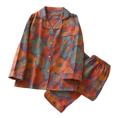 FLASHWIST Ginkgo Leaf Lapel Neckline Button Colorful Floral Pure Pajama, Women's Pajama Two Piece Set Long Sleeve Loungewear Set (A,XL), X-Large