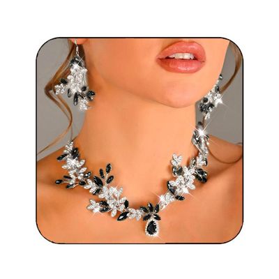 Unicra Black Jewelry Set Rhinestone Necklace Earrings Sets Indian Prom Formal Costume Jewelry for Women and Brides (Silver Plated - Black)