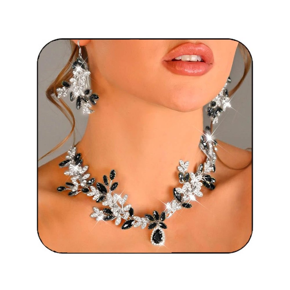 Unicra Black Jewelry Set Rhinestone Necklace Earrings Sets Indian Prom Formal Costume Jewelry for Women and Brides (Silver Plated - Black)