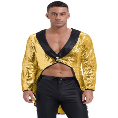 Hularka Men's Magic Shows Costume Sparkly Sequin Tailcoat One-Button Tuxedo Jackets Outerwear Gold 3X-Large