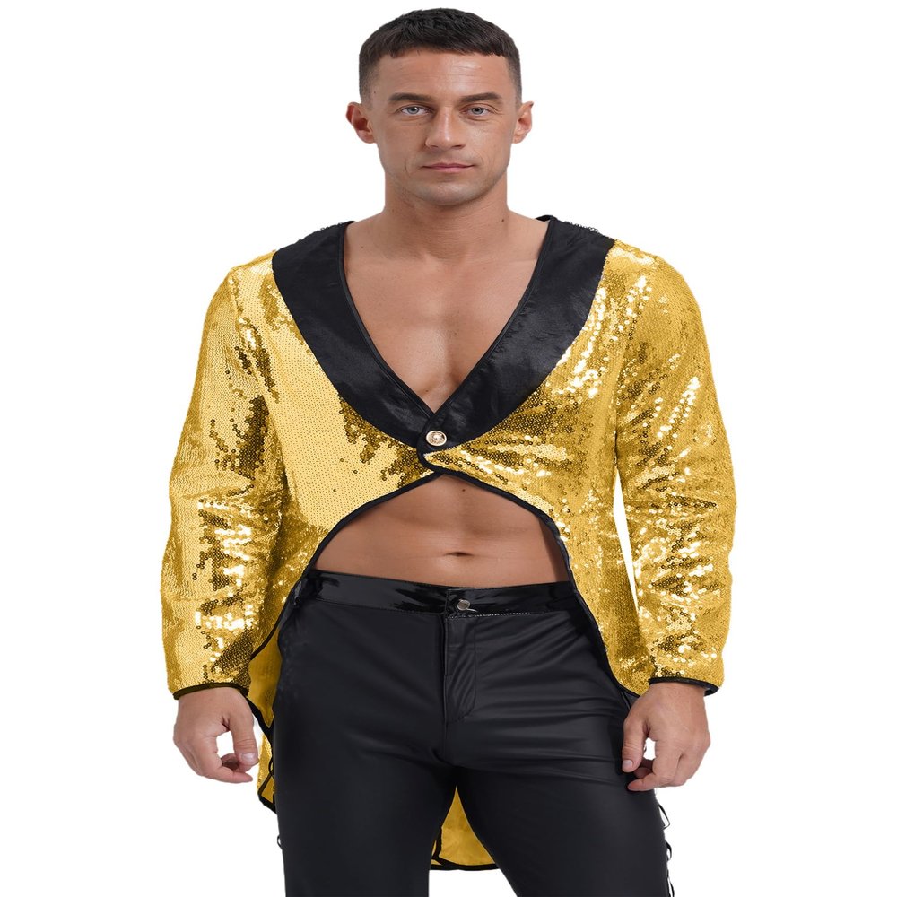 Hularka Men's Magic Shows Costume Sparkly Sequin Tailcoat One-Button Tuxedo Jackets Outerwear Gold 3X-Large