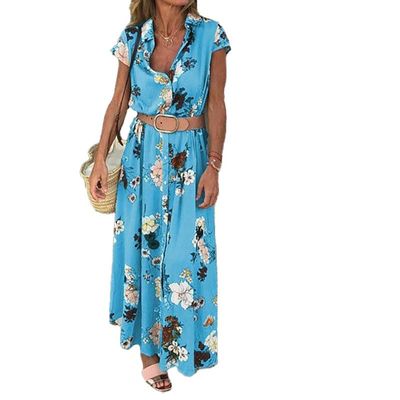 Akivide Women Summer Boho Floral Print Button Down Maxi Dress Casual Short Sleeve V Neck Belted Plus Size Loose Flowy Beach Long Shirt Dress