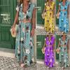 Akivide Women Summer Boho Floral Print Button Down Maxi Dress Casual Short Sleeve V Neck Belted Plus Size Loose Flowy Beach Long Shirt Dress view 3