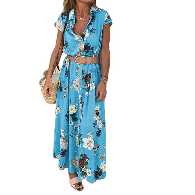 Akivide Women Summer Boho Floral Print Button Down Maxi Dress Casual Short Sleeve V Neck Belted Plus Size Loose Flowy Beach Long Shirt Dress