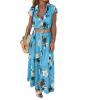 Akivide Women Summer Boho Floral Print Button Down Maxi Dress Casual Short Sleeve V Neck Belted Plus Size Loose Flowy Beach Long Shirt Dress view 1
