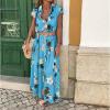 Akivide Women Summer Boho Floral Print Button Down Maxi Dress Casual Short Sleeve V Neck Belted Plus Size Loose Flowy Beach Long Shirt Dress view 2