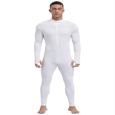 LiiYii Mens One Piece Textured Stripe Bodysuit Mock Neck Long Sleeve Unitard Full Jumpsuits White X-Large