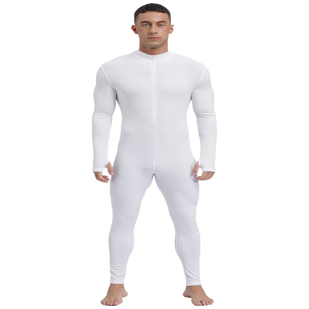 LiiYii Mens One Piece Textured Stripe Bodysuit Mock Neck Long Sleeve Unitard Full Jumpsuits White X-Large