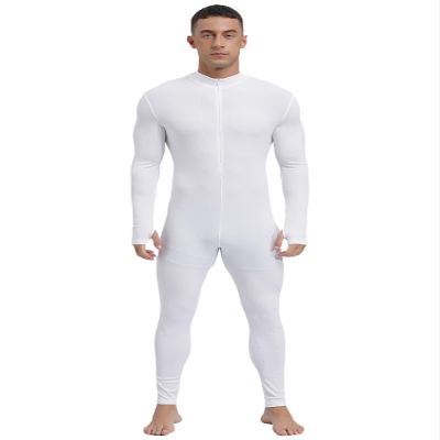 Agoky Mens One Piece Textured Stripe Full Bodysuit Costume Legging Long Sleeve Unitard Full Jumpsuits White XX-Large