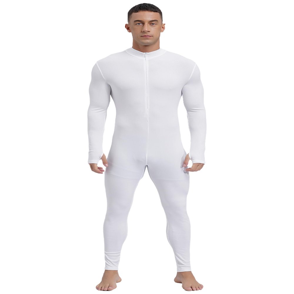 Agoky Mens One Piece Textured Stripe Full Bodysuit Costume Legging Long Sleeve Unitard Full Jumpsuits White XX-Large