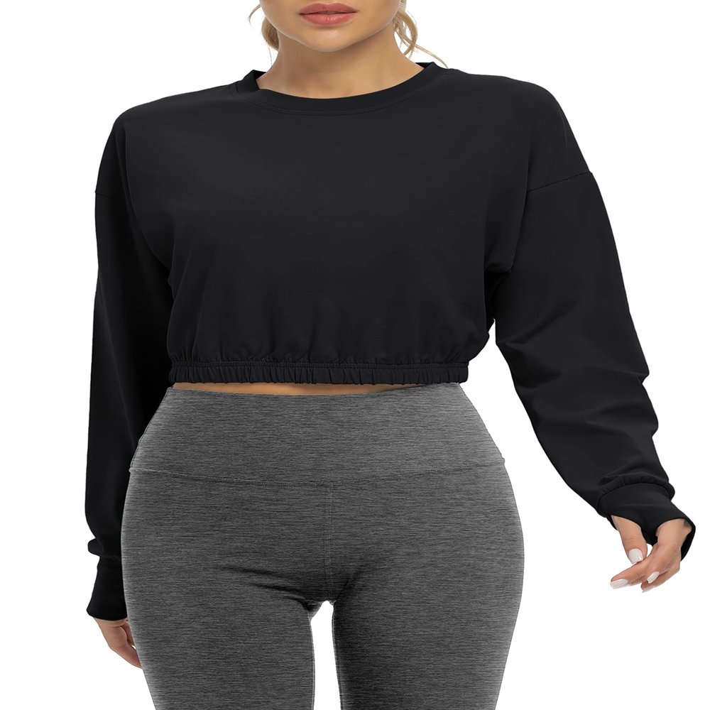 Bestisun Womens Long Sleeve Dance Exercise Clothes Activewear Yoga Running Tennis Athletic Crop Top Black M