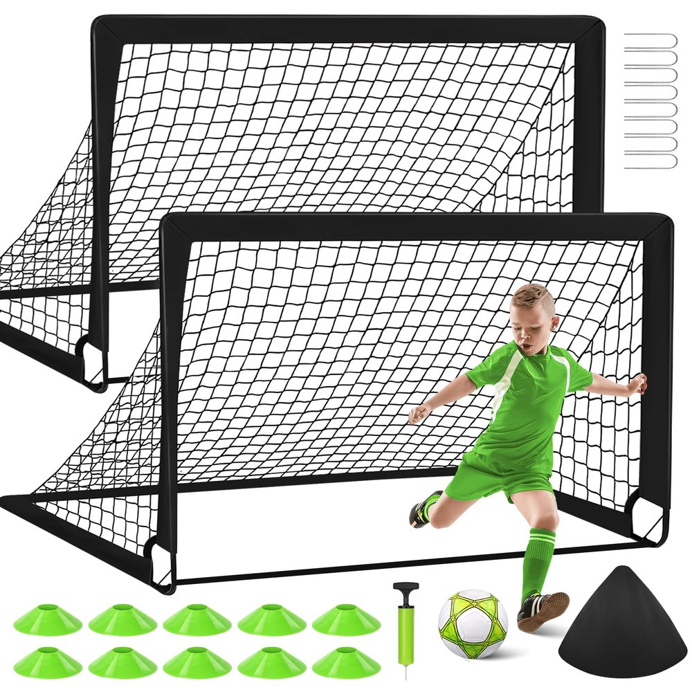 2 Soccer Goal of 4X3 FT for Backyard, Portable Football Goal Training Equipment with Soccer Ball, 10 Football Cones, Carry Bag, Practice Net for Youth Games, Sports - Black