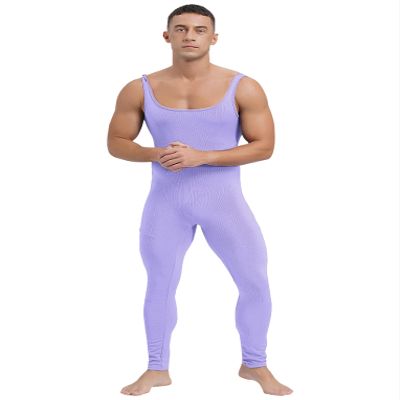 QinCiao Mens One Piece Stretchy Bodysuits Long Pants Textured Stripe Stretchy Jumpsuits Costume Lavender X-Large