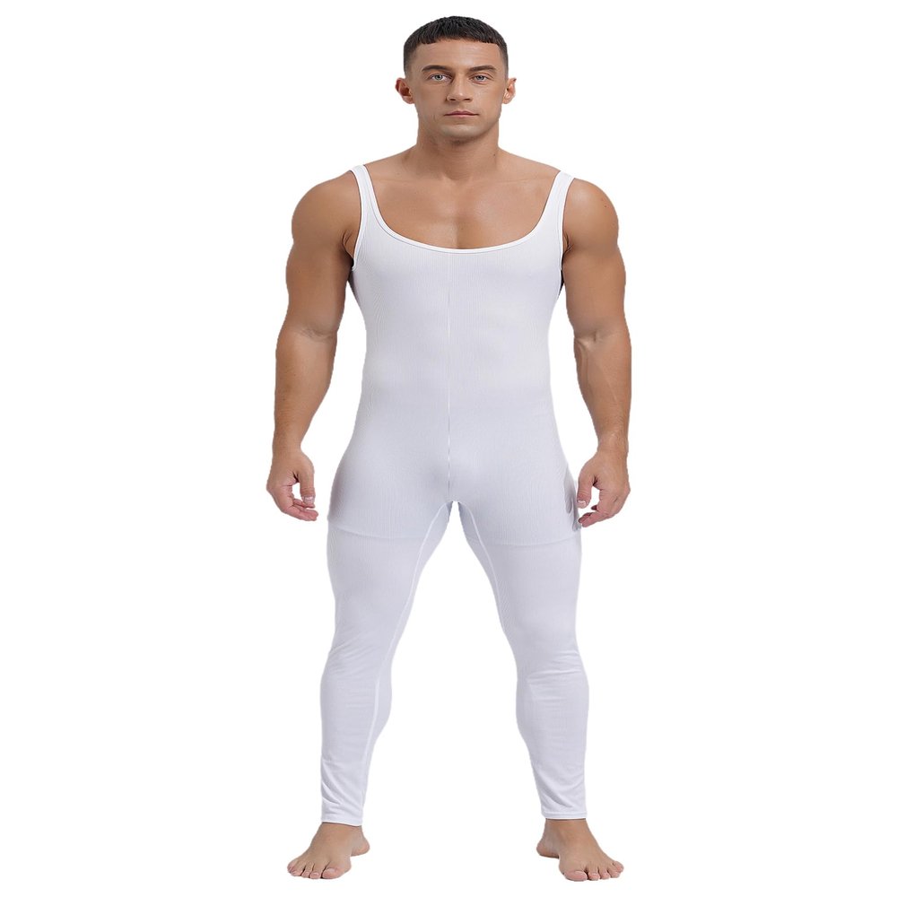 Zaldita Mens Sleeveless Jumpsuits Unitard Long Pants One Piece Square Neck Sleeveless Stretchy Bodysuits White X-Large