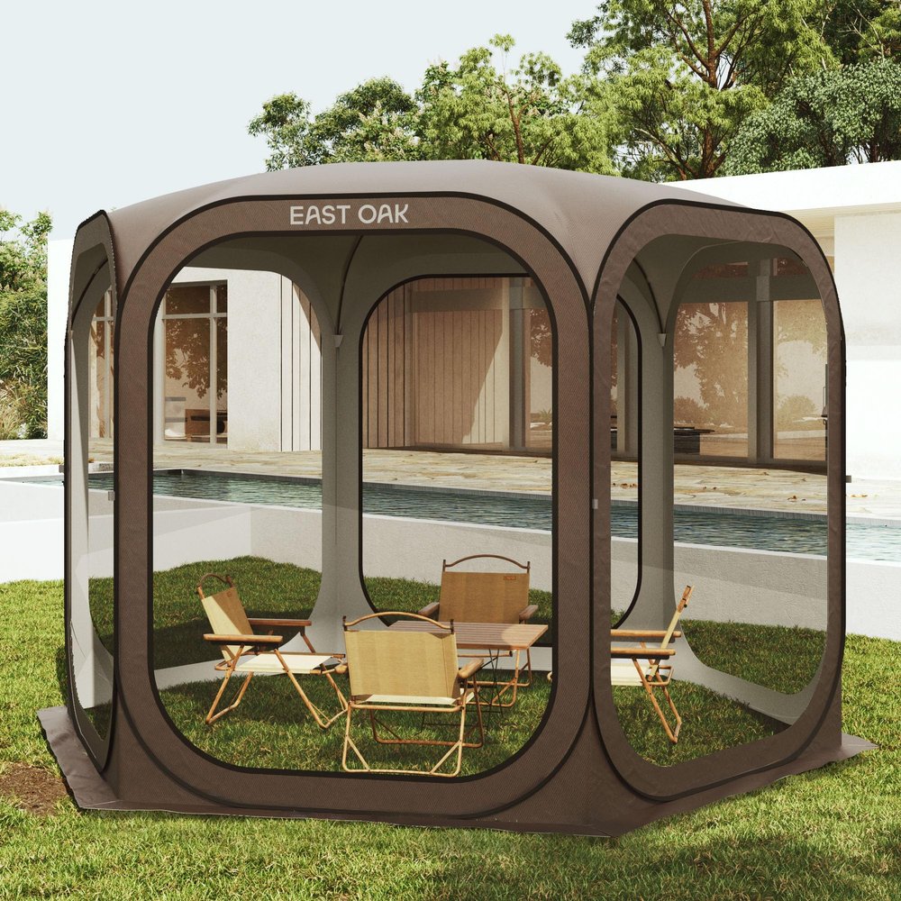 East Oak Screen House Tent Pop-Up, Portable Screen Room Canopy Instant Screen Tent 10 x 10 FT with Carry Bag for Patio, Backyard, Deck & Outdoor Activities, Brown