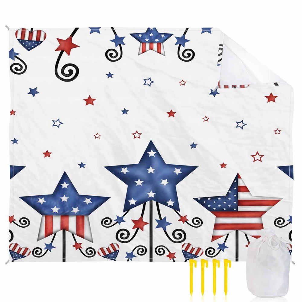 American Flag Beach Blanket Large with Stakes Waterproof Sandproof Beach Mat with Corner Pockets for Outdoor Travel Camping Hiking Picnic,4th of July Red Blue Patriotic Memorial Day 84"x108"