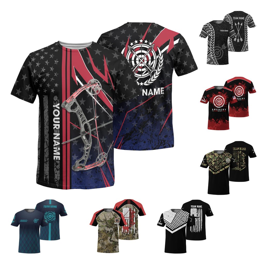 NineFit Basics Design Your Own Archery Bullseye Tshirt 3D Tee with Compound Bow and USA Flag Graphic On it for Patriotic Archer Archery Team