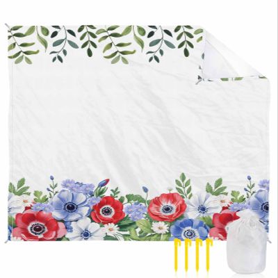 Independence Day Beach Blanket Large with Stakes Waterproof Sandproof Beach Mat with Corner Pockets for Outdoor Travel Camping Hiking Picnic Essentials,Flower Herb Leaves Patriotic Memorial 95"x80"