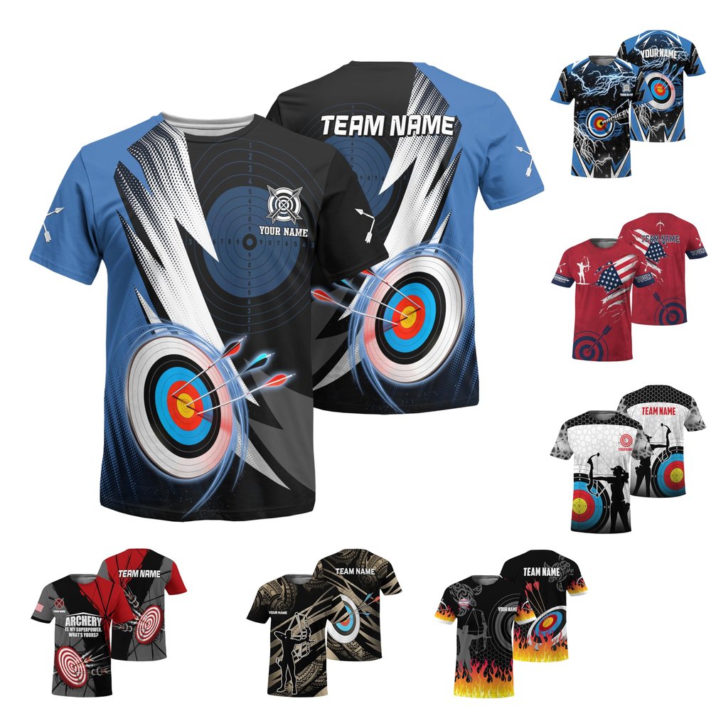 NineFit Basics Customizable Archery Bulls Eye Short Sleeve Tshirt Print Blue Top with Archery Arrow Graphic On it for Farther's Day, 5X-Large