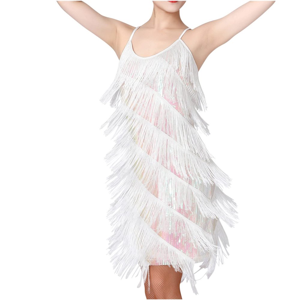 Akklian Women's Sequin Tassel Dress Latin Party Cocktail Dress Ballroom Dance Costume Vintage Fringe Shinning Mini Dress 2024 White
