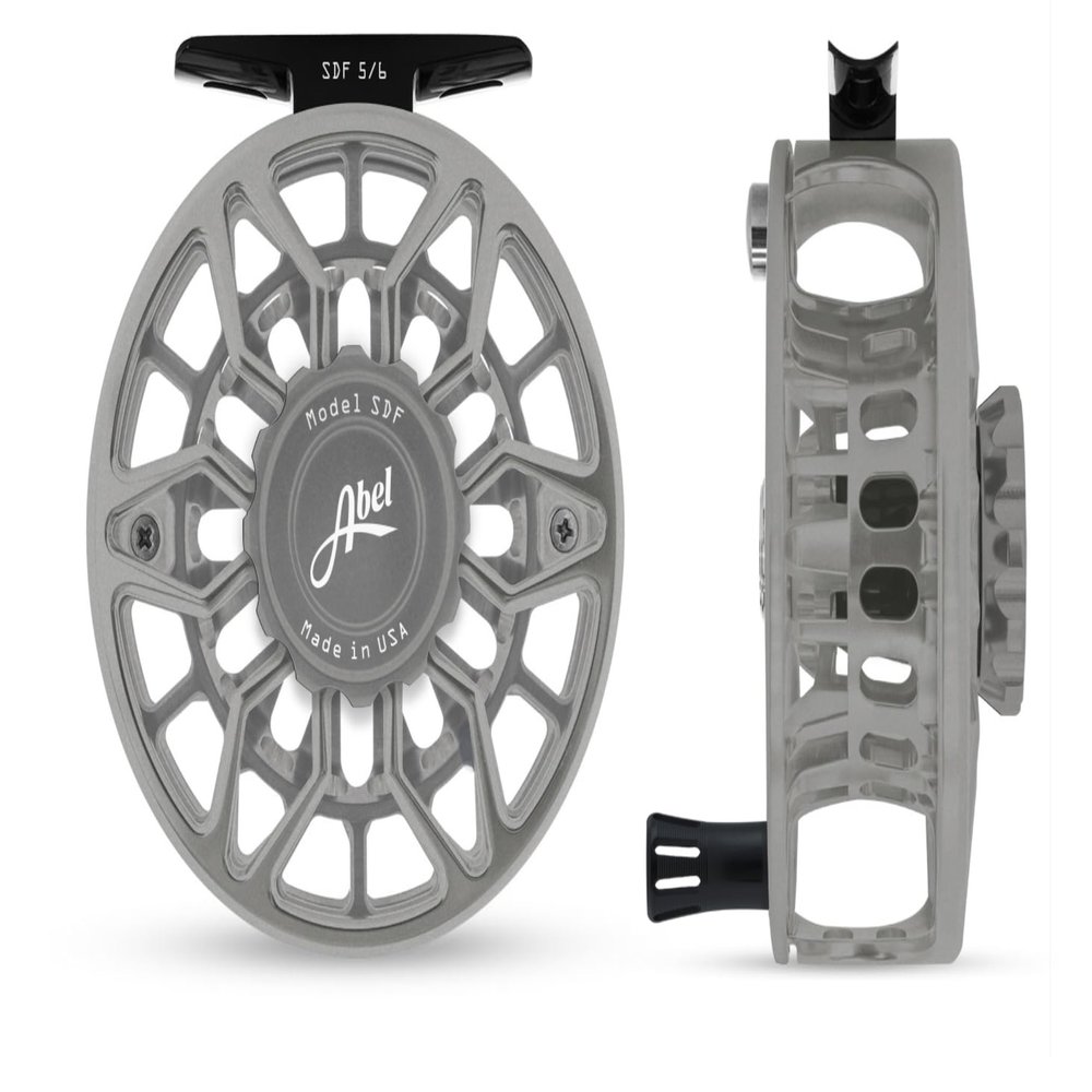 ABEL SDF Fly Reel Ported - Satin Platinum - Satin Plat Knob 5/6 WT w/Black Hand