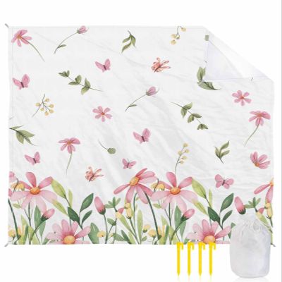 Watercolor Floral Beach Blanket Large with Stakes Waterproof Sandproof Beach Mat with Corner Pockets for Outdoor Travel Camping Hiking Picnic Essentials,Sprinf Summer Leaves Pink Green White 83"x79"