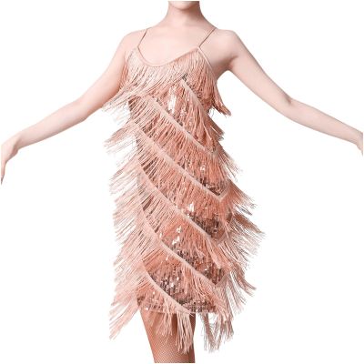 Akklian Women's Sequin Tassel Dress Latin Party Cocktail Dress Ballroom Dance Costume Vintage Fringe Shinning Mini Dress 2024 Rose Gold