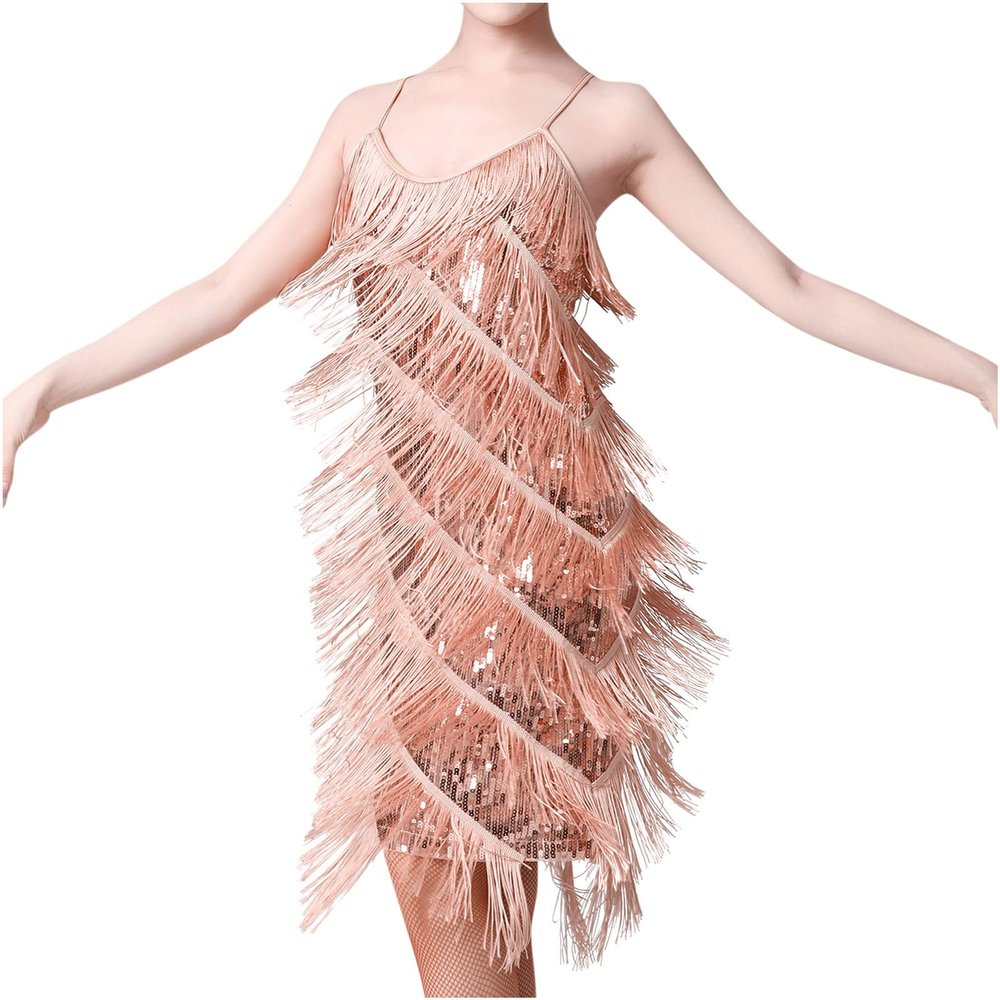 Akklian Women's Sequin Tassel Dress Latin Party Cocktail Dress Ballroom Dance Costume Vintage Fringe Shinning Mini Dress 2024 Rose Gold