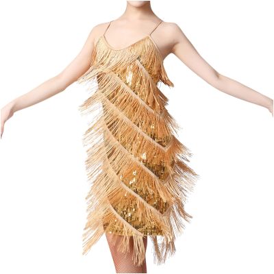 Akklian Women's Sequin Tassel Dress Latin Party Cocktail Dress Ballroom Dance Costume Vintage Fringe Shinning Mini Dress 2024 Beige