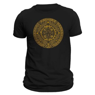 Five Up Tees Aztec Mexica Calendar 1.0 Mesoamerican Culture Tenochtitlan T-Shirt (L, Black/Gold), Large