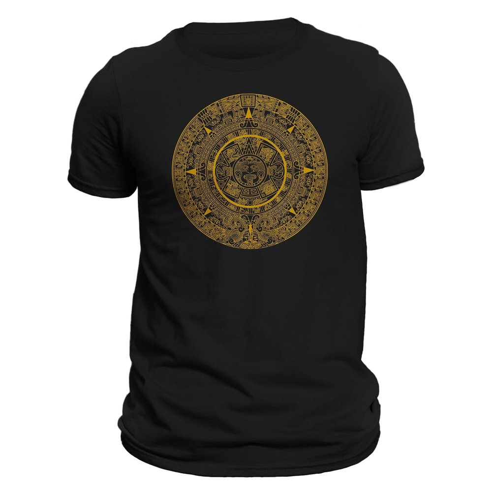 Five Up Tees Aztec Mexica Calendar 1.0 Mesoamerican Culture Tenochtitlan T-Shirt (L, Black/Gold), Large