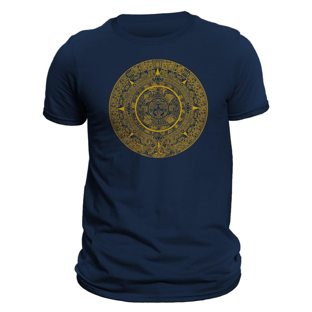 Five Up Tees Aztec Mexica Calendar 1.0 Mesoamerican Culture Tenochtitlan T-Shirt (S, Navy/Gold), Small