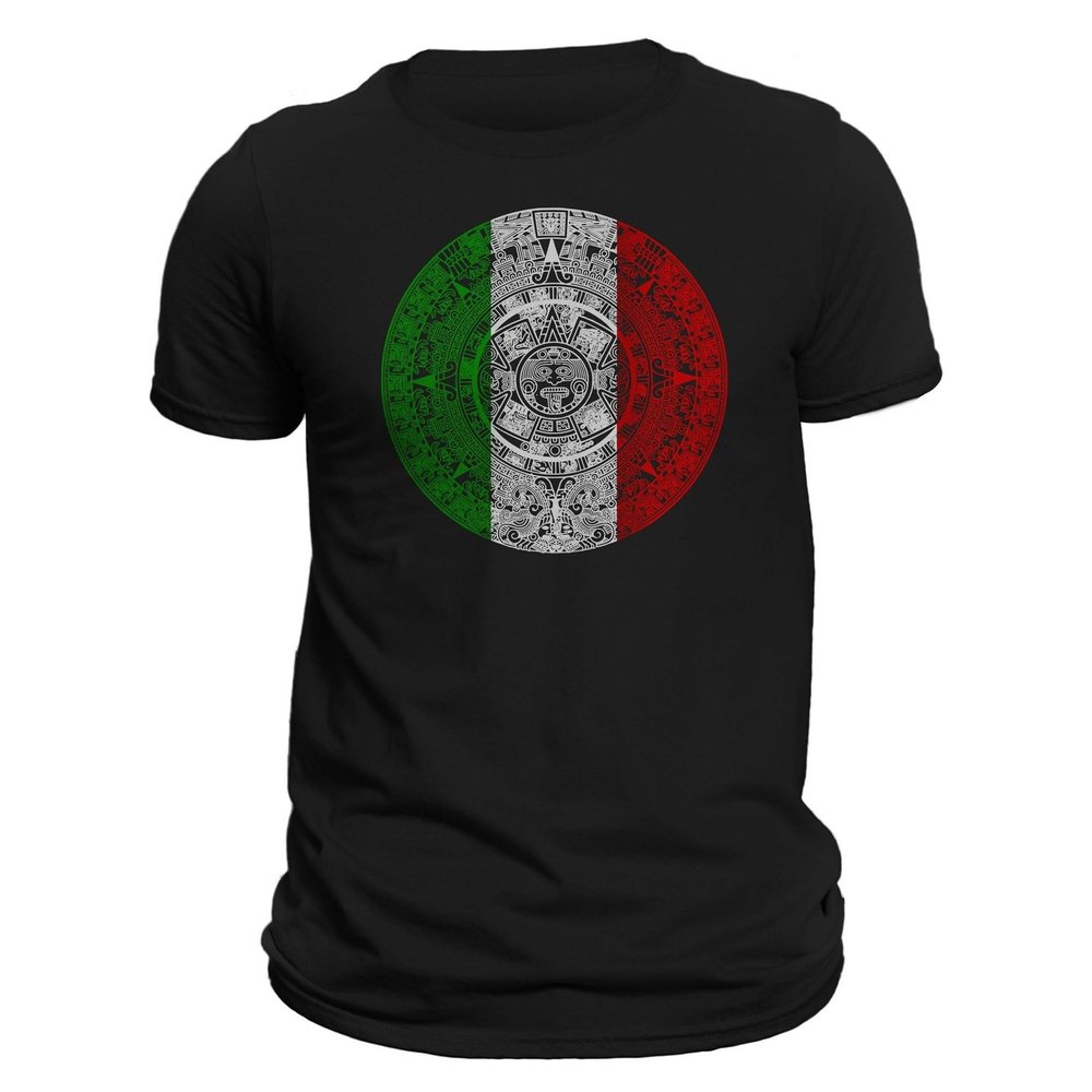 Five Up Tees Aztec Mexica Calendar 1.0 Mesoamerican Culture Tenochtitlan T-Shirt (3XL, Black/Tricolor)