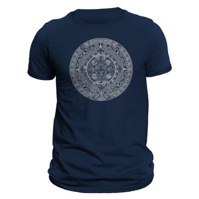 Five Up Tees Aztec Mexica Calendar 1.0 Mesoamerican Culture Tenochtitlan T-Shirt (XL, Navy/Silver), X-Large