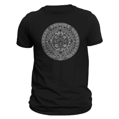 Five Up Tees Aztec Mexica Calendar 1.0 Mesoamerican Culture Tenochtitlan T-Shirt (XL, Black/Silver), X-Large
