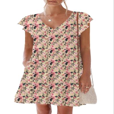nclook Womens Summer Casual Dresses Sweet Cute V Neck Mini Dress with Pockets Ruffle Short Sleeve