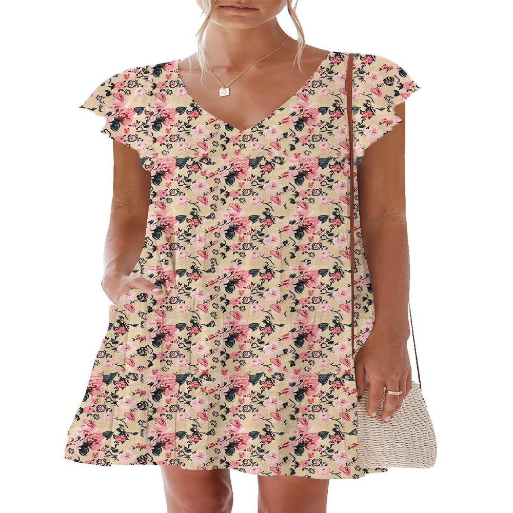 nclook Womens Summer Casual Dresses Sweet Cute V Neck Mini Dress with Pockets Ruffle Short Sleeve