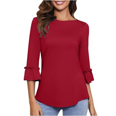 3/4 Sleeve Shirts Women 2024 Summer Cotton T-Shirts Slim Fit Ruffle Tops Trendy Blouses Dressy Casual Tunic Tee Top Red