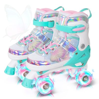 MammyGol Kids Roller Skates for Girls or Boys, 4 Size Adjustable Roller Skates for Children with Beautiful Butterflies, Beginner Kids Light up Roller Quad Skates Indoor Outdoor (Teal)