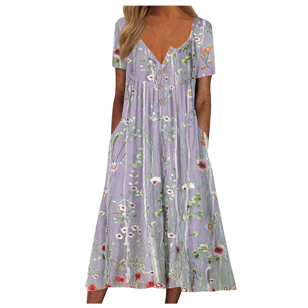 Akivide Womens Boho Floral Printed Button Maxi Dress Summer V Neck Short Sleeve Dress Flowy Loose Beach Dress with Pockets