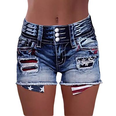 TACSTRUN Women's Ripped High Waisted Jean Shorts American Flag Frayed Raw Hem Casual Denim Shorts,Blue,Small