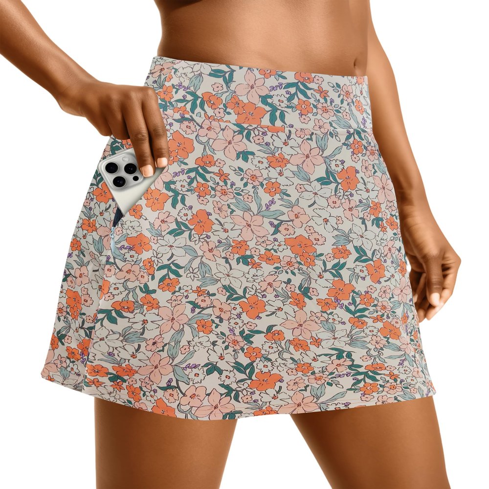 Oyamiki Tennis Golf Dresses Skorts for Women High Waisted with 4 Zipper Pockets Yellow Orange Print M