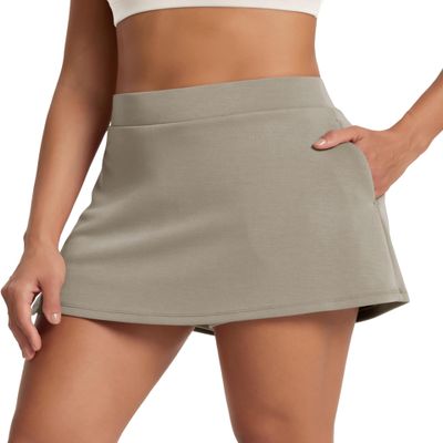 ODODOS Modal Soft Wrap Mini Skorts with Pocket for Women High Waist Asymmetrical Hem Relaxed Shorts, Khaki, Large